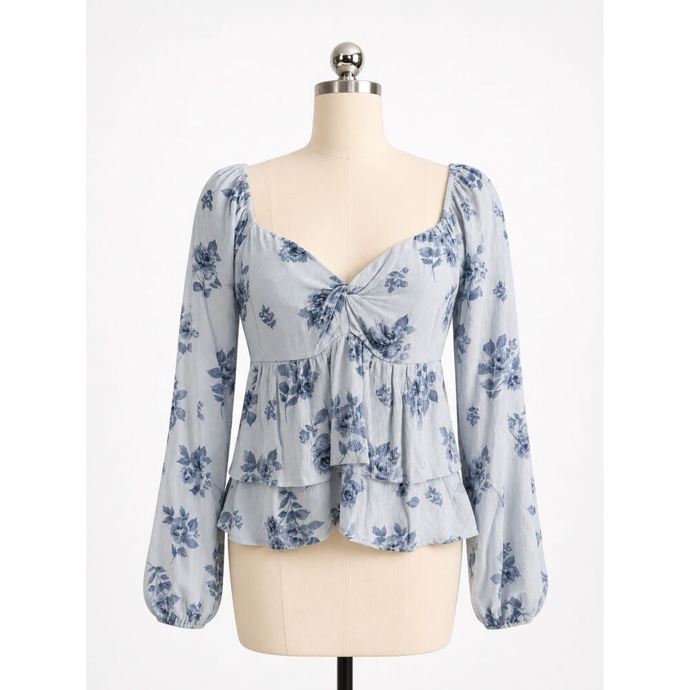Hollister Babydoll Blouse with Sweetheart Neckline Light Blue Floral Long Sleeve